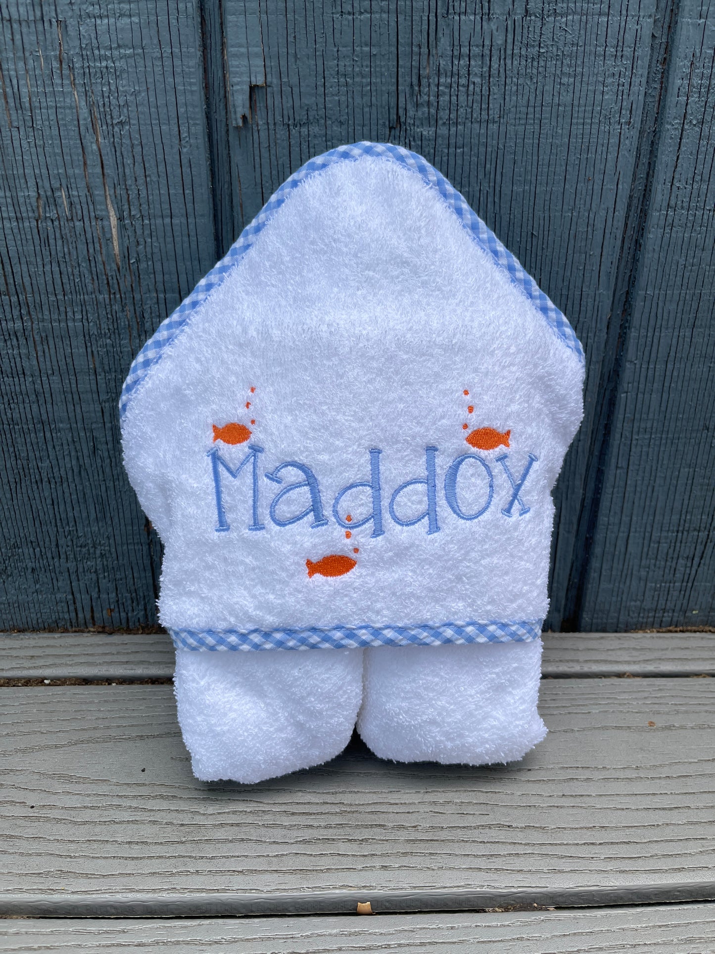 Custom Embroidered, Personalized, Monogrammed Blue or Pink Gingham Trim Hooded Towel