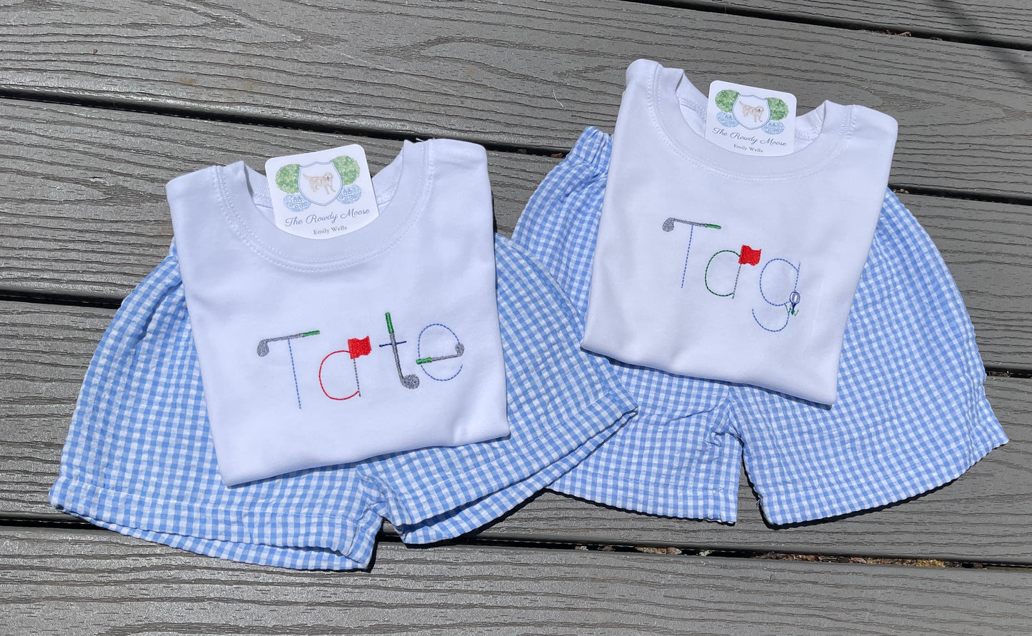 Custom Embroidered, Monogrammed, Personalized Golf Name Shirt and Red, Navy, and Blue Seersucker Gingham Short Set