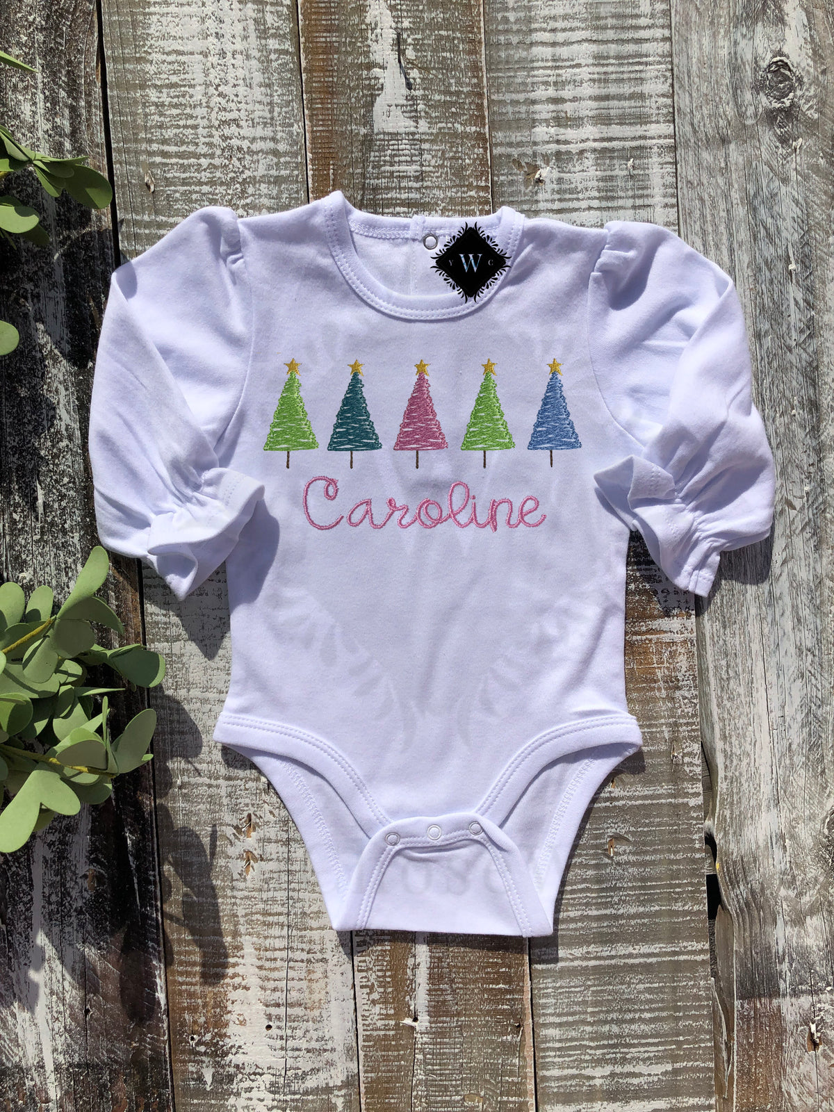 Embroidered Sketch Christmas Trees in a Row Ruffle Gown, Onesie, or Romper