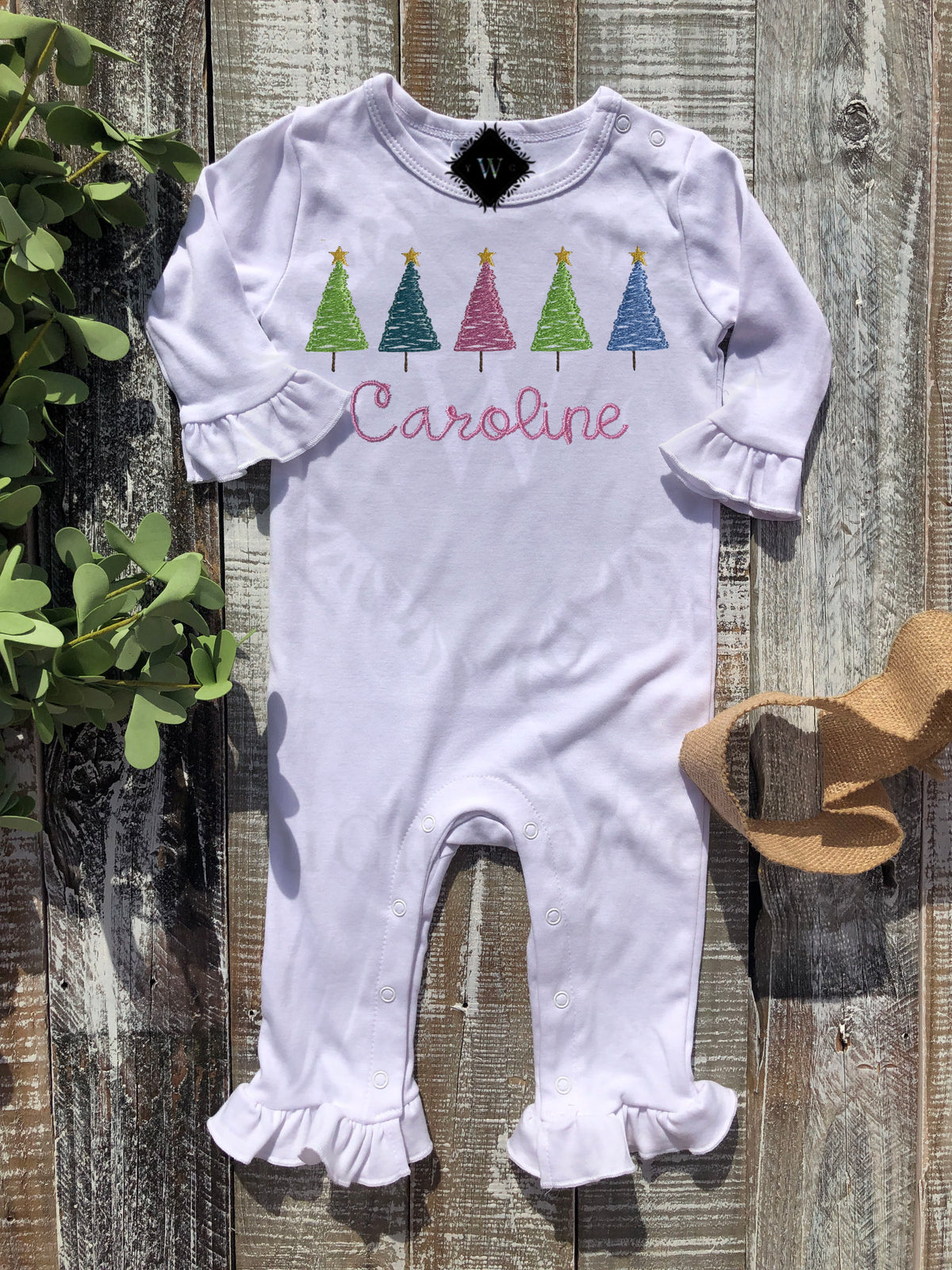 Embroidered Sketch Christmas Trees in a Row Ruffle Gown, Onesie, or Romper