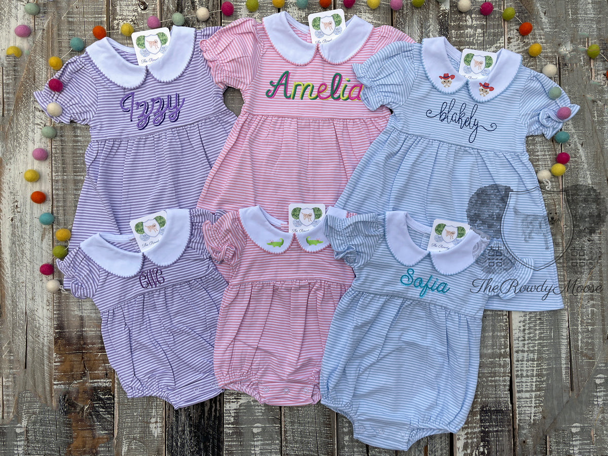 Custom Embroidered, Personalized, Monogrammed Ruffle Knit Striped Peter Pan Collar Bubble or Dress