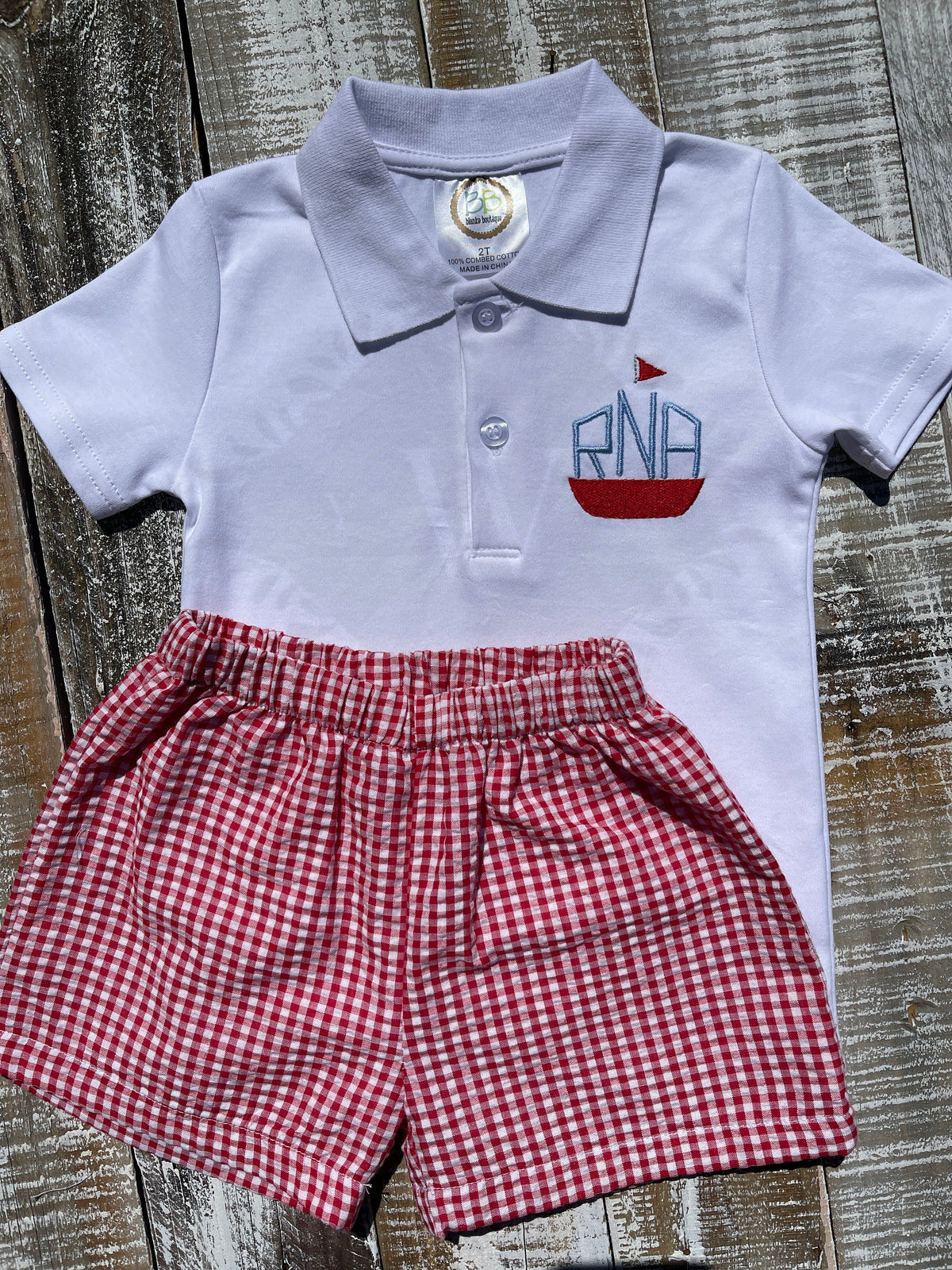 Custom Embroidered, Personalized Sailboat Monogram Polo Shirt and Red or Blue Seersucker Gingham Short Set