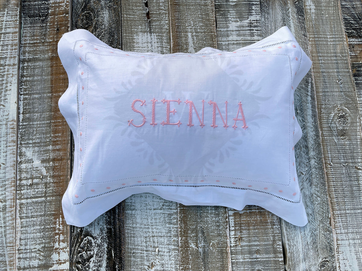 Custom Embroidered, Personalized, Monogrammed Swiss Dot Linen Pillow Sham