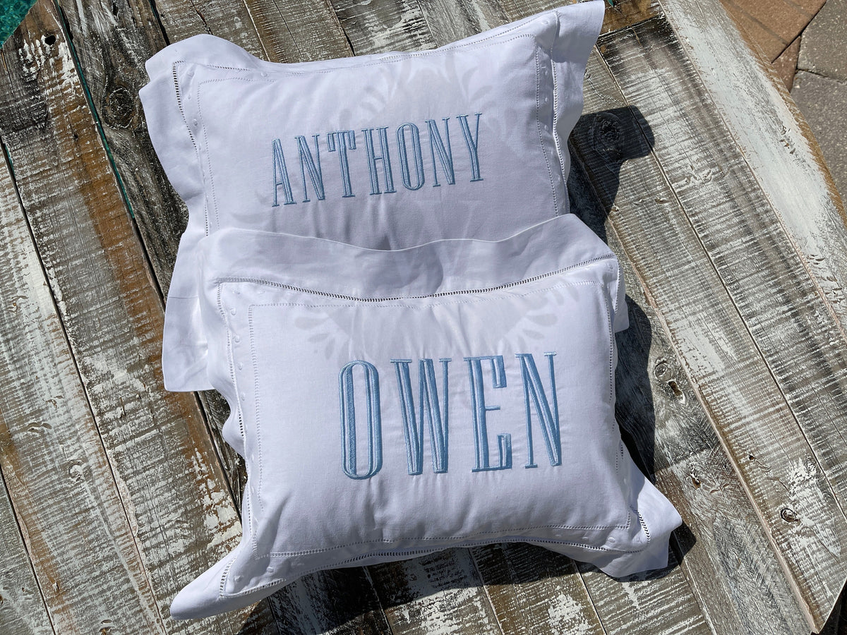 Custom Embroidered, Personalized, Monogrammed Swiss Dot Linen Pillow Sham