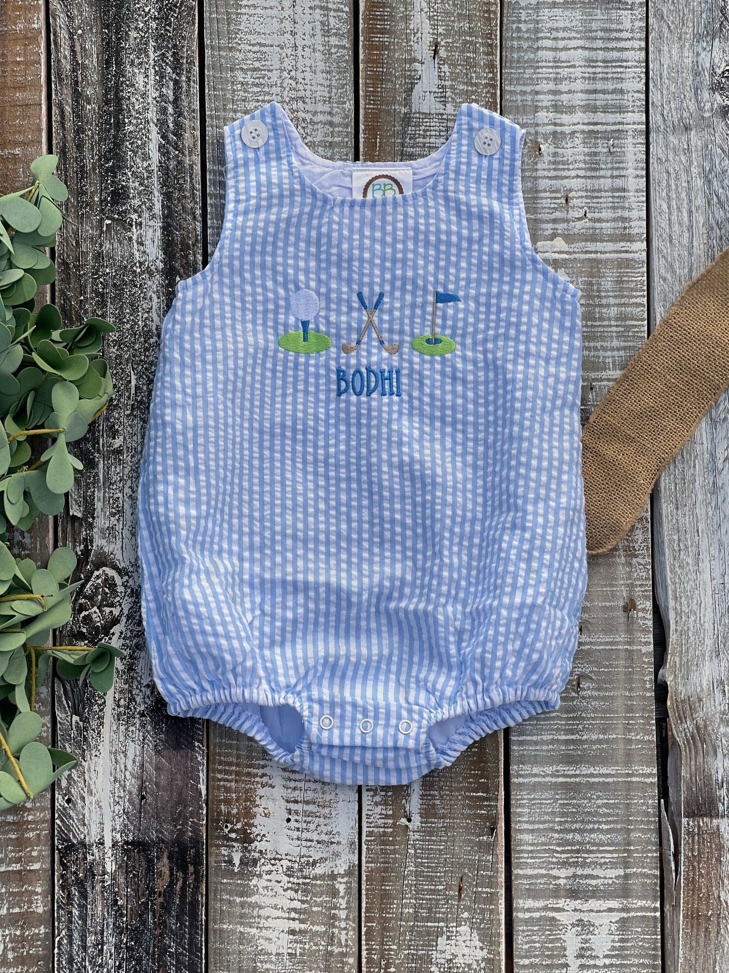 Baby Boy Seersucker Blue Sun Bubble with Name and Golf Trio, Preppy, Embroidered, Personalize Baby Shower Gift, Baby Gift