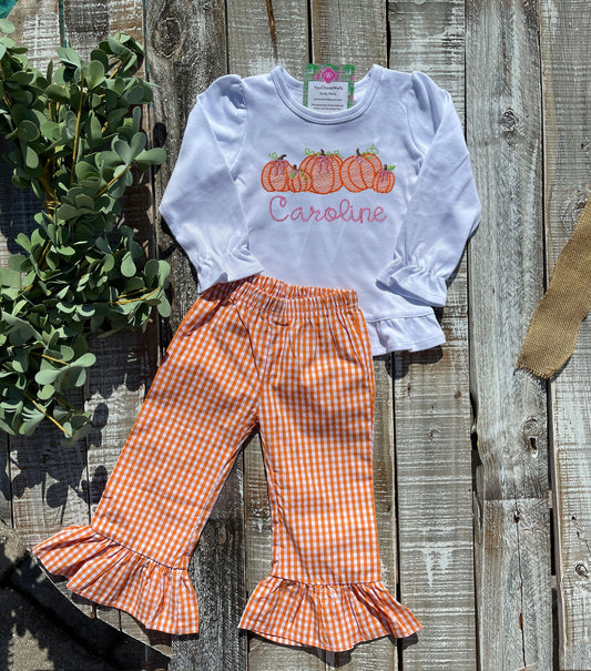 Custom Embroidered, Monogrammed, Personalized Pumpkin Row Sketch Ruffle Shirt and Orange Gingham Pant Set