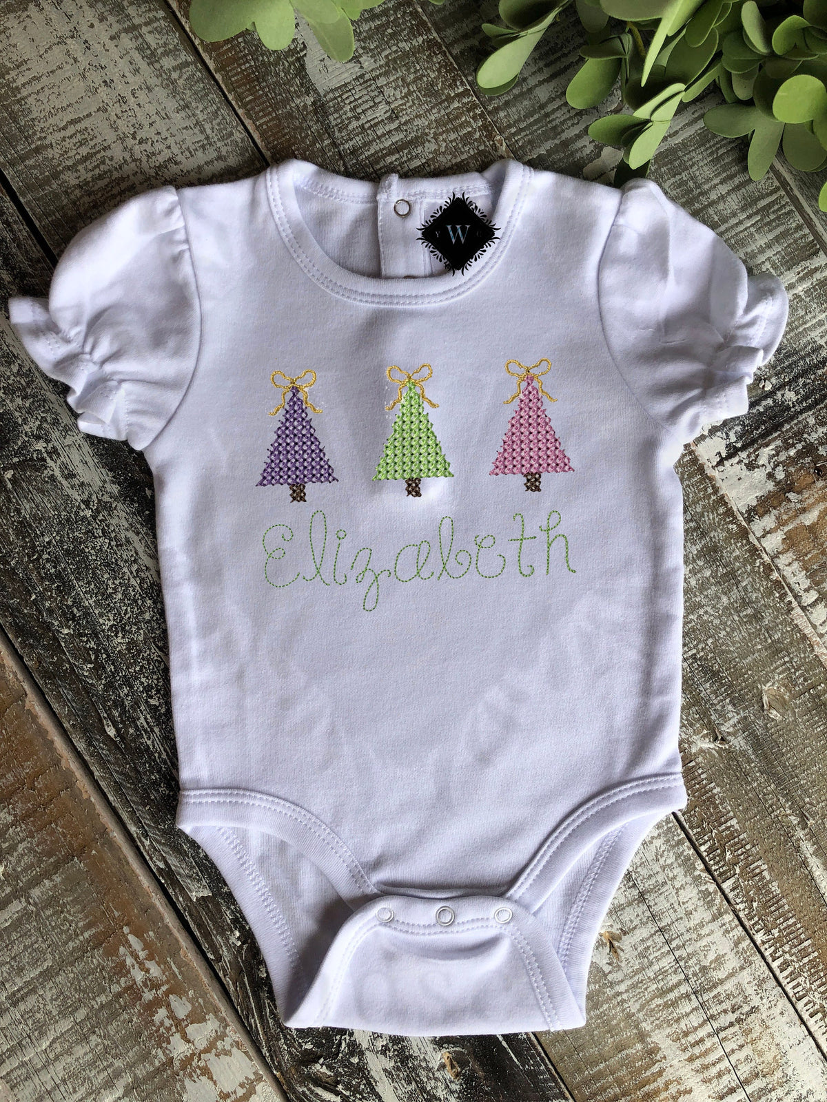 Girl, Embroidered Gown, Onesie, and Romper, Holiday Outfit, Girl Holiday Outfit, Christmas Trees, Custom, Personalized, Baby Gown, Romper