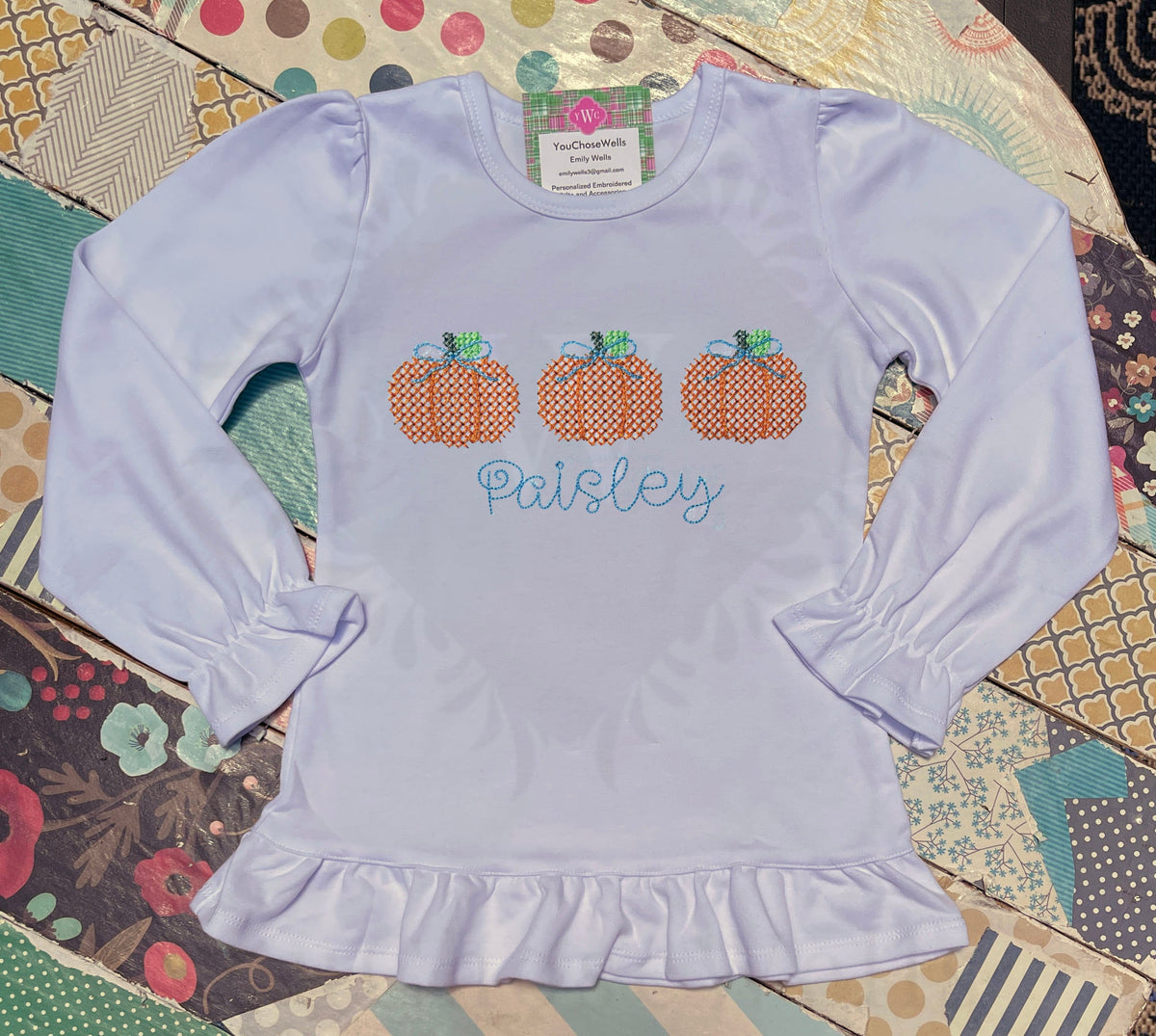 Custom Embroidered, Monogrammed, Personalized Pumpkin Trio Cross Stitch Ruffle Shirt and Orange Gingham Pants