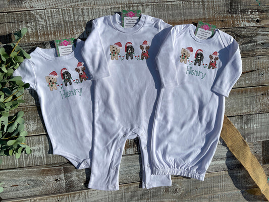 Custom Embroidered, Monogrammed, Personalized Puppy Christmas Trio Sketch Gown, Onesie, or Romper
