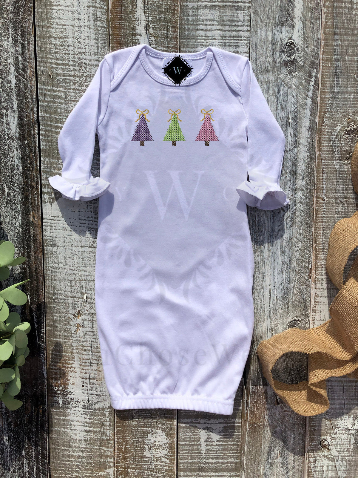 Girl, Embroidered Gown, Onesie, and Romper, Holiday Outfit, Girl Holiday Outfit, Christmas Trees, Custom, Personalized, Baby Gown, Romper
