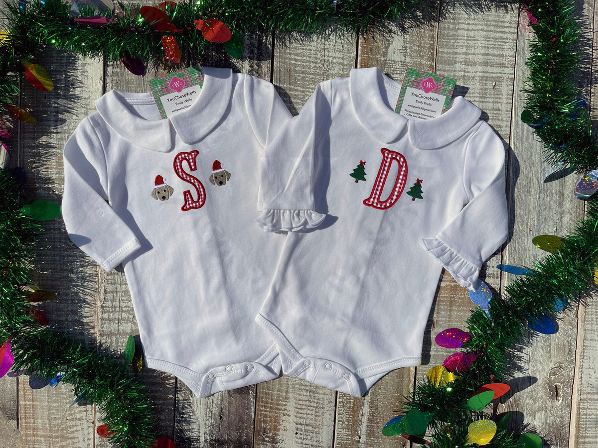 Custom Embroidered, Personalized, Monogrammed Christmas Mini Peter Pan Collar Onesie