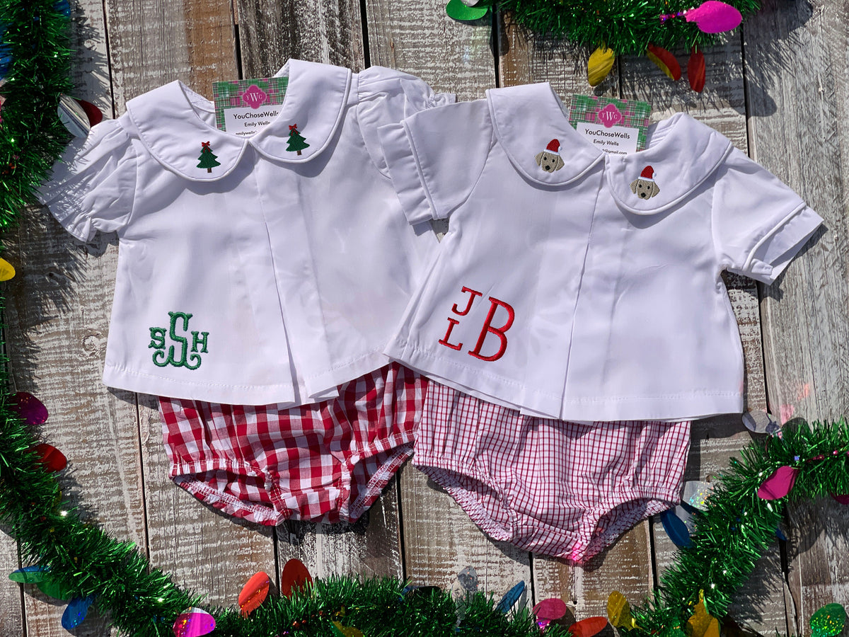 Custom Embroidered, Monogrammed, Personalized Hem, Christmas Mini Pleated Peter Pan Collar Shirt and Diaper Cover Set