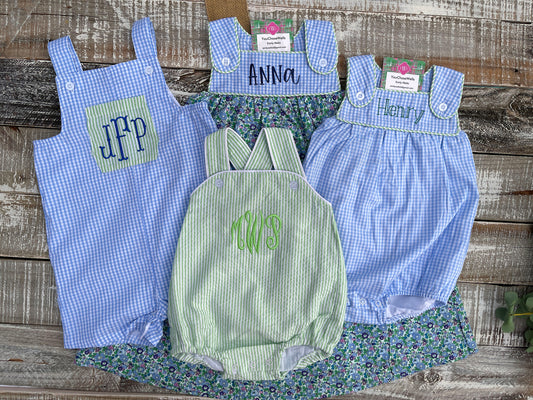 Girl, Boy, Monogrammed Floral Dress and Gingham Bubble, Sibling Sets, Matching Dress & Bubble, Baby, Custom, Embroidered, Personalized