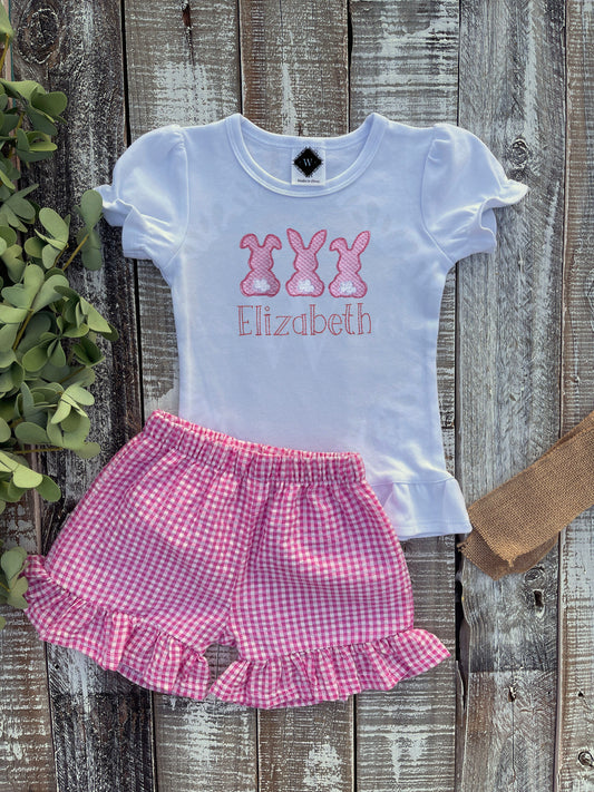 Custom Embroidered, Monogrammed, Personalized Bunny Trio Sketch Ruffle Shirt and Pink Seersucker Gingham Short Set