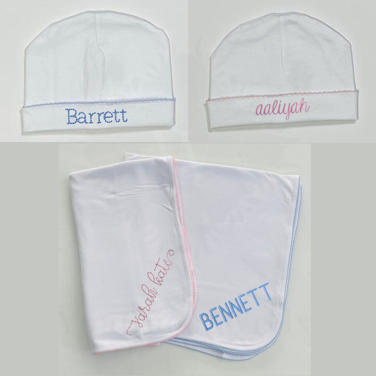 Custom Embroidered, Personalized, Monogrammed Picot Baby Footie, Bib, Burp, Hat, and Blanket