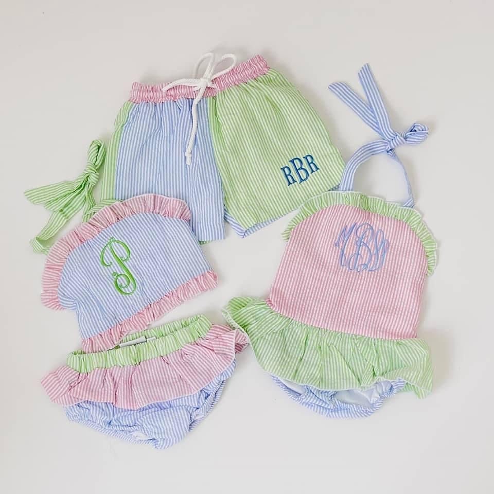 Monogrammed Seersucker Bathing Suit, Girl Seersucker Bathing Suit, Boy Seersucker Bathing Suit, Baby Girl, Baby Boy, Swimsuit, Embroidered