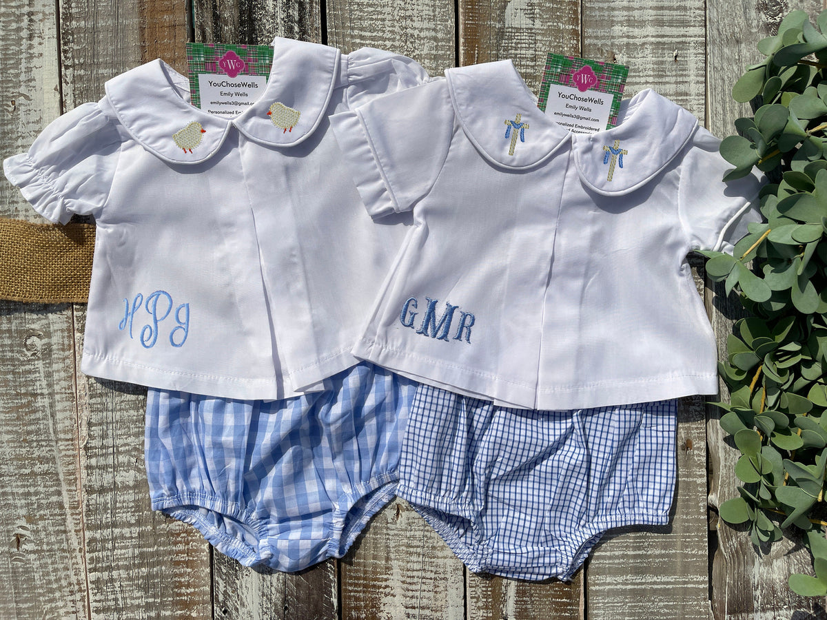 Custom Embroidered, Monogrammed, Personalized Spring Mini Pleated Peter Pan Collar Shirt and Diaper Cover Set