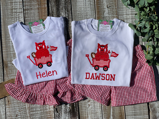Custom Embroidered, Personalized Football Hog Applique Shirt and Short Set