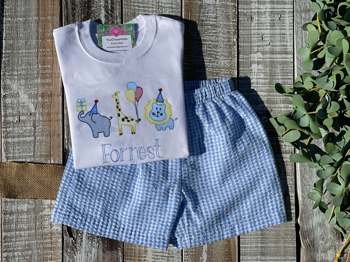 Personalized Boy Birthday Outfit, Custom Birthday Shirt and Short Set, Birthday Safari Zoo Shirt, Baby Boy, Red, Blue Gingham Short Set