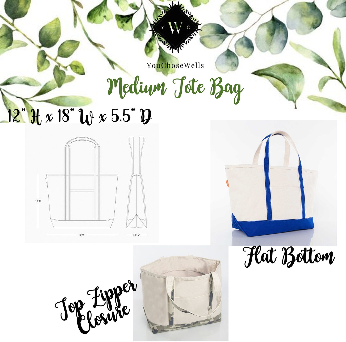 Custom Embroidered, Personalized, Monogrammed MEDIUM Canvas Boat Tote