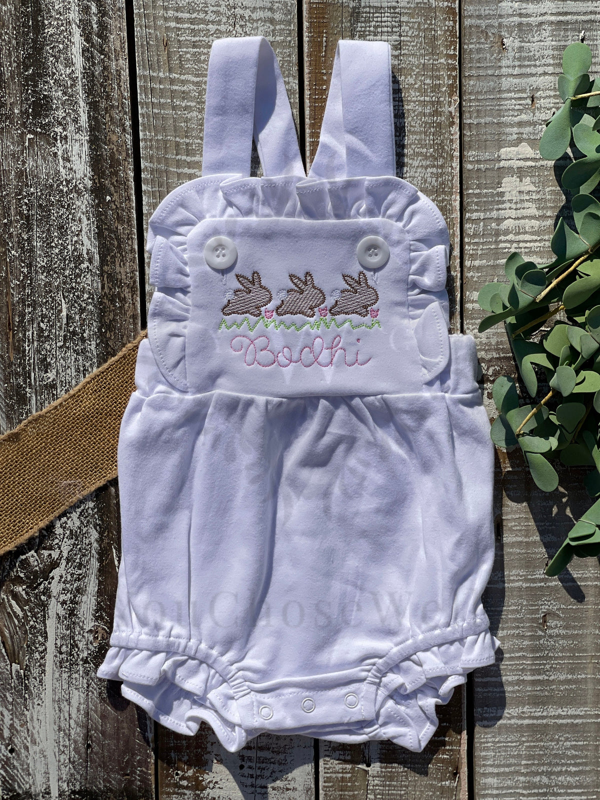 Custom Embroidered, Monogrammed, Personalized Bunny Running Trio Sketch Ruffle Pink, White, or Blue Bubble