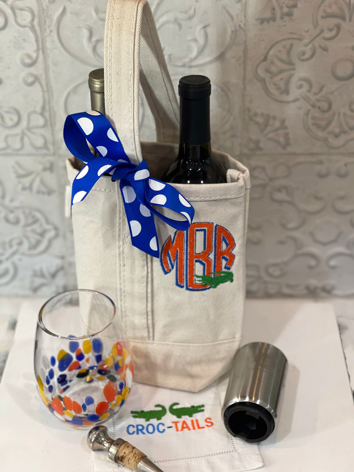 Custom Embroidered, Personalized, Monogrammed 2 Bottle Wine Canvas Tote Bag