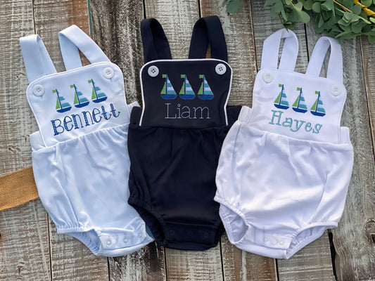 Custom Embroidered, Personalized Sailboat Trio Navy, White, and Blue Bubble