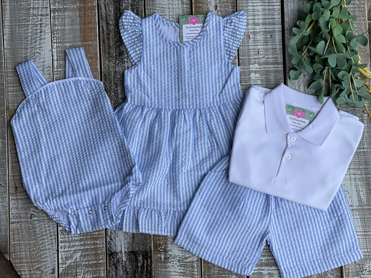 Custom Embroidered, Personalized, Monogrammed Light Blue Seersucker Bubble, Jon Jon, Flutter Dress and Polo Shirt Set