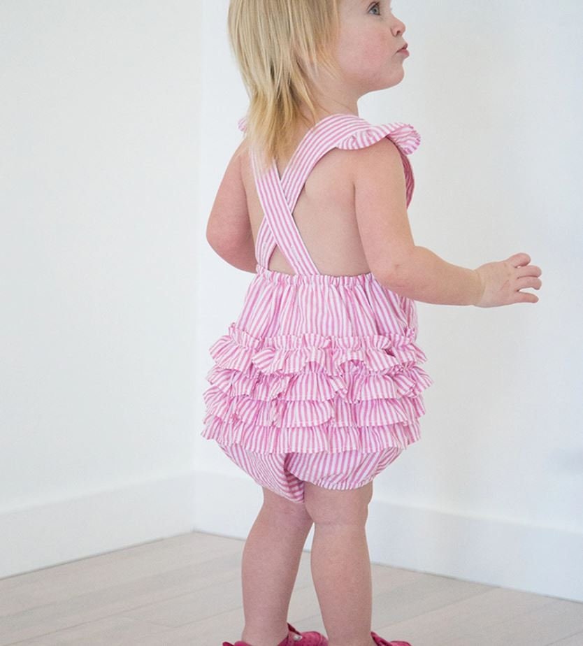 Custom, Embroidered, Girl, Monogrammed Seersucker Ruffle Bubble, Ruffle Sunsuit, Baby Girl Bubble, Little Girl Bubble, Game Day Bubble