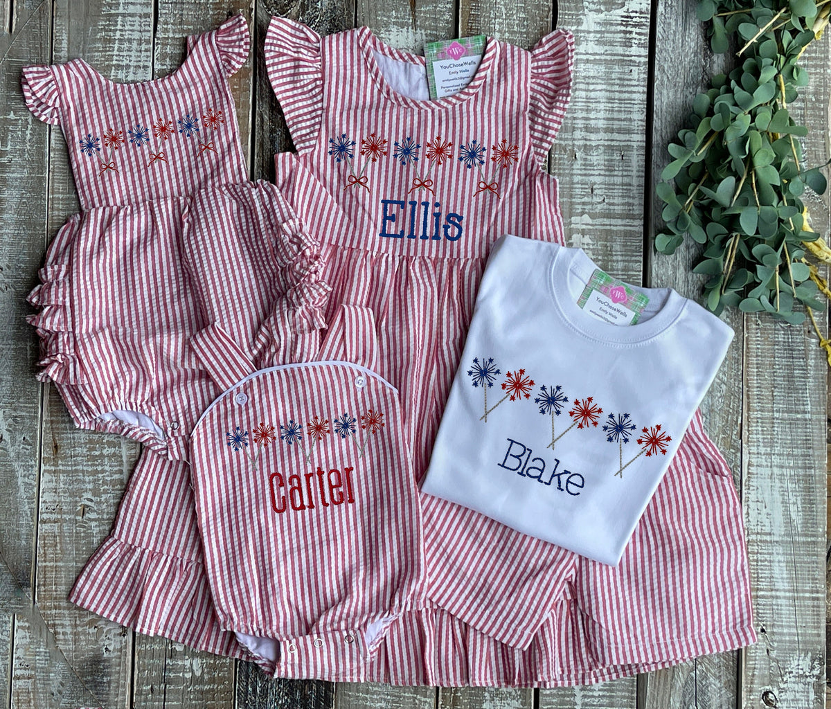 Custom Embroidered, Monogrammed, Personalized Sparkler Trio Red Seersucker Bubble, Flutter Dress, Shirt Short Set, Ruffle Bubble