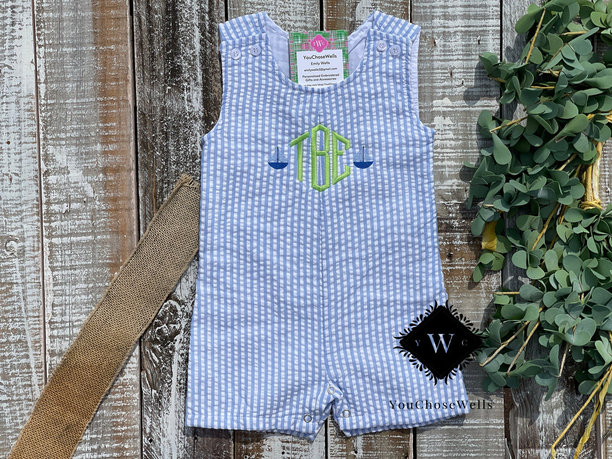 Custom Embroidered, Personalized, Monogrammed Light Blue Seersucker Bubble, Jon Jon, Flutter Dress and Polo Shirt Set