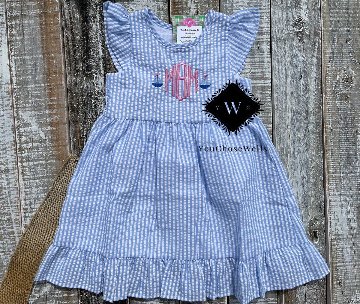 Custom Embroidered, Personalized, Monogrammed Light Blue Seersucker Bubble, Jon Jon, Flutter Dress and Polo Shirt Set