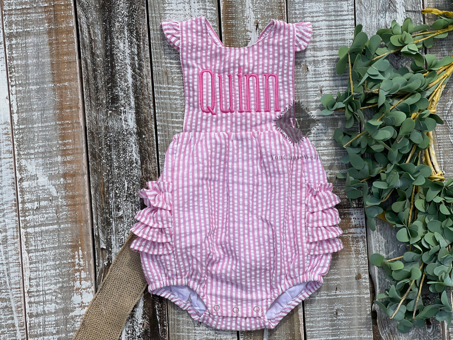 Custom, Embroidered, Girl, Monogrammed Seersucker Ruffle Bubble, Ruffle Sunsuit, Baby Girl Bubble, Little Girl Bubble, Game Day Bubble