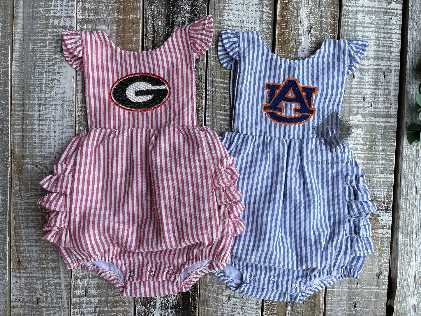 Custom, Embroidered, Girl, Monogrammed Seersucker Ruffle Bubble, Ruffle Sunsuit, Baby Girl Bubble, Little Girl Bubble, Game Day Bubble