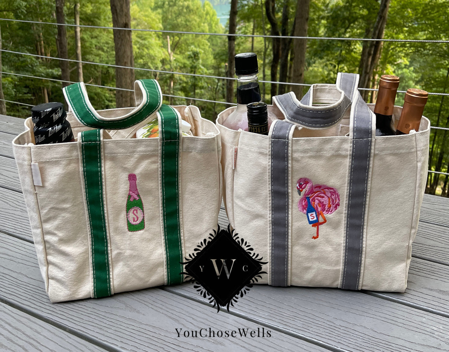 Custom Embroidered, Personalized, Monogrammed 4 Bottle Wine Canvas Tote Bag