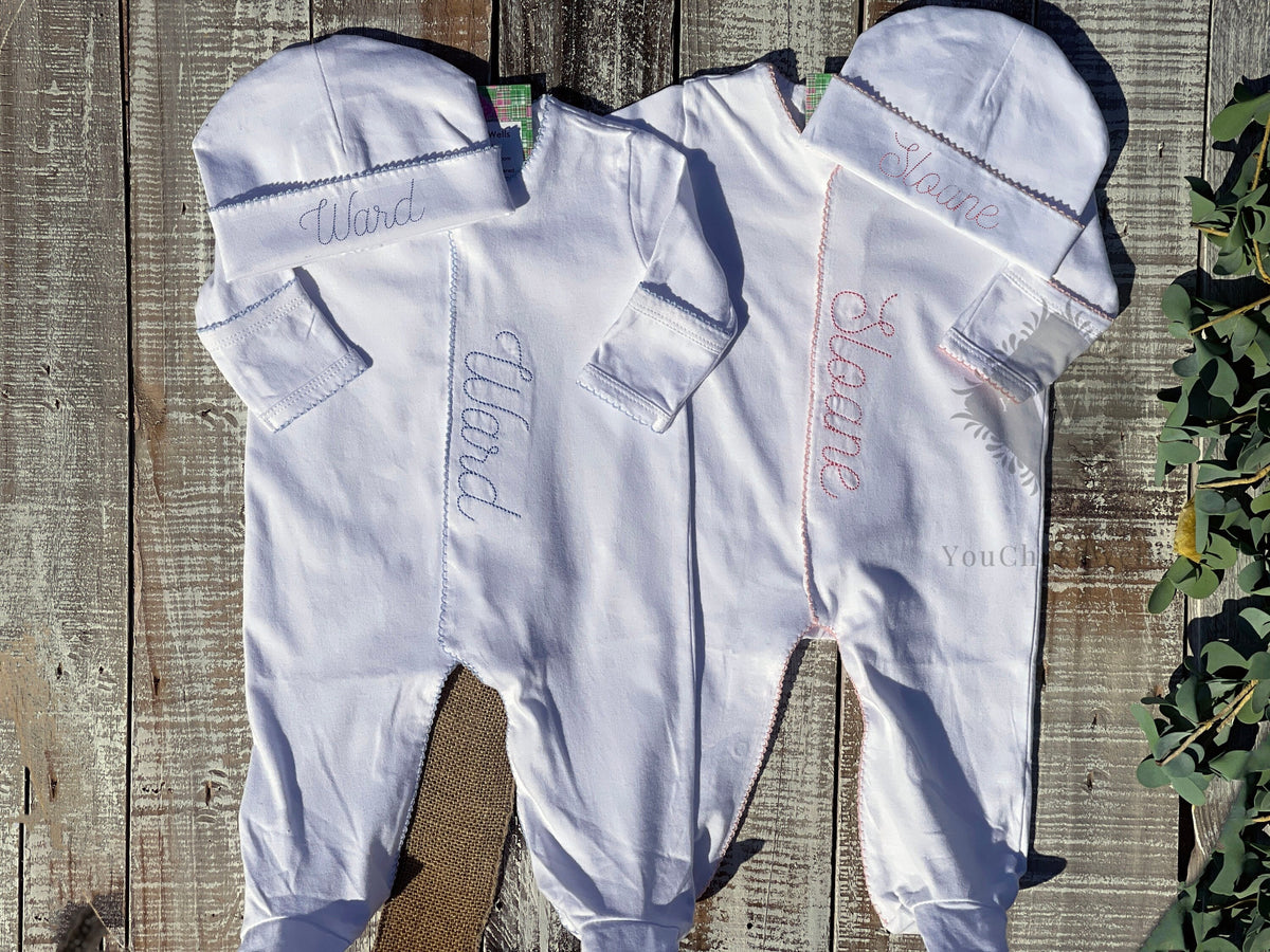 Custom Embroidered, Personalized, Monogrammed Picot Baby Footie, Bib, Burp, Hat, and Blanket