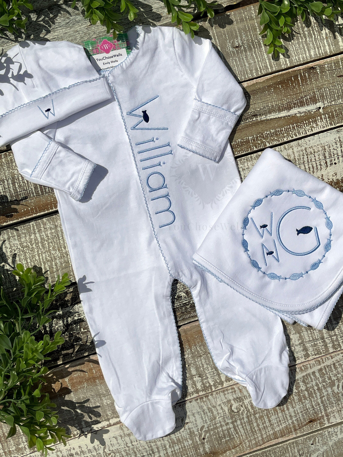 Custom Embroidered, Personalized, Monogrammed Picot Baby Footie, Bib, Burp, Hat, and Blanket