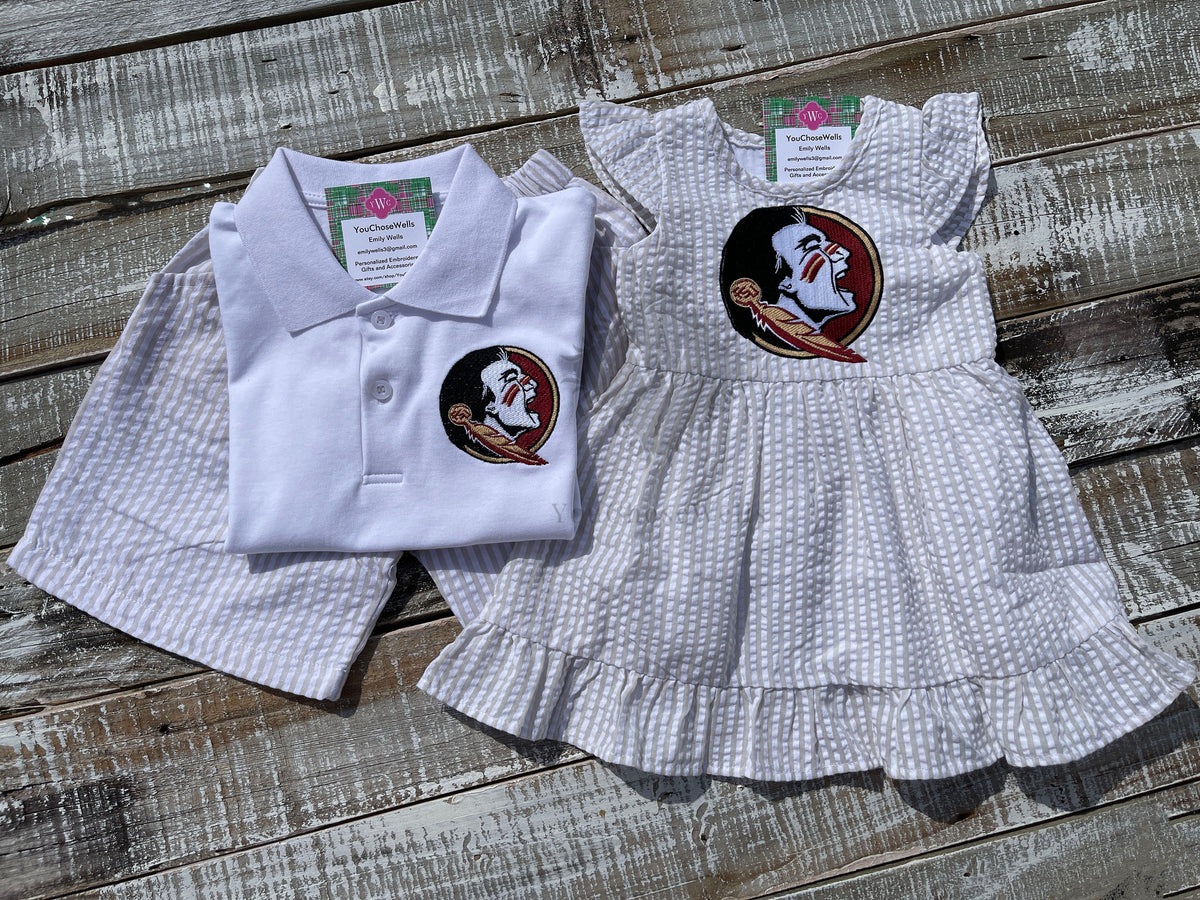 Girl, Boy, Seminole Dress, Jon Jon & Polo Shirt Set, Seminole Inspired Baby Jon Jon, Seminole Polo Shirt Set, Game Day Outfit, Seminoles