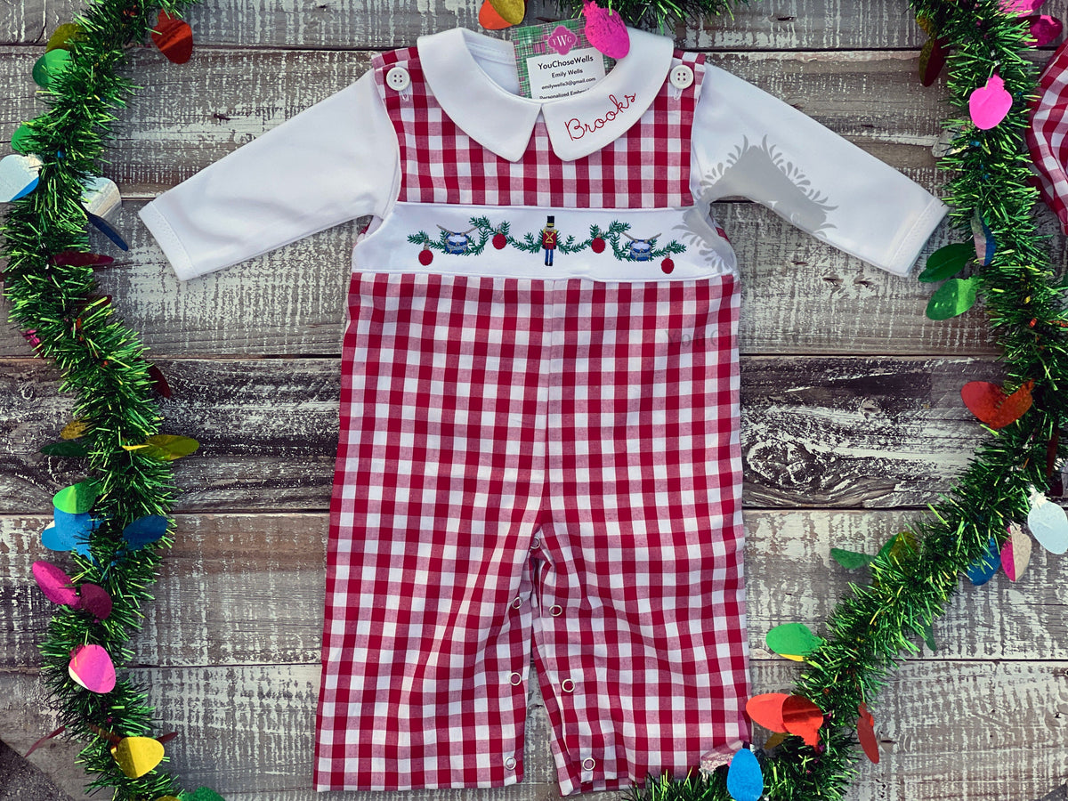 Custom Embroidered Faux Smocked Nutcracker Red Gingham Longall