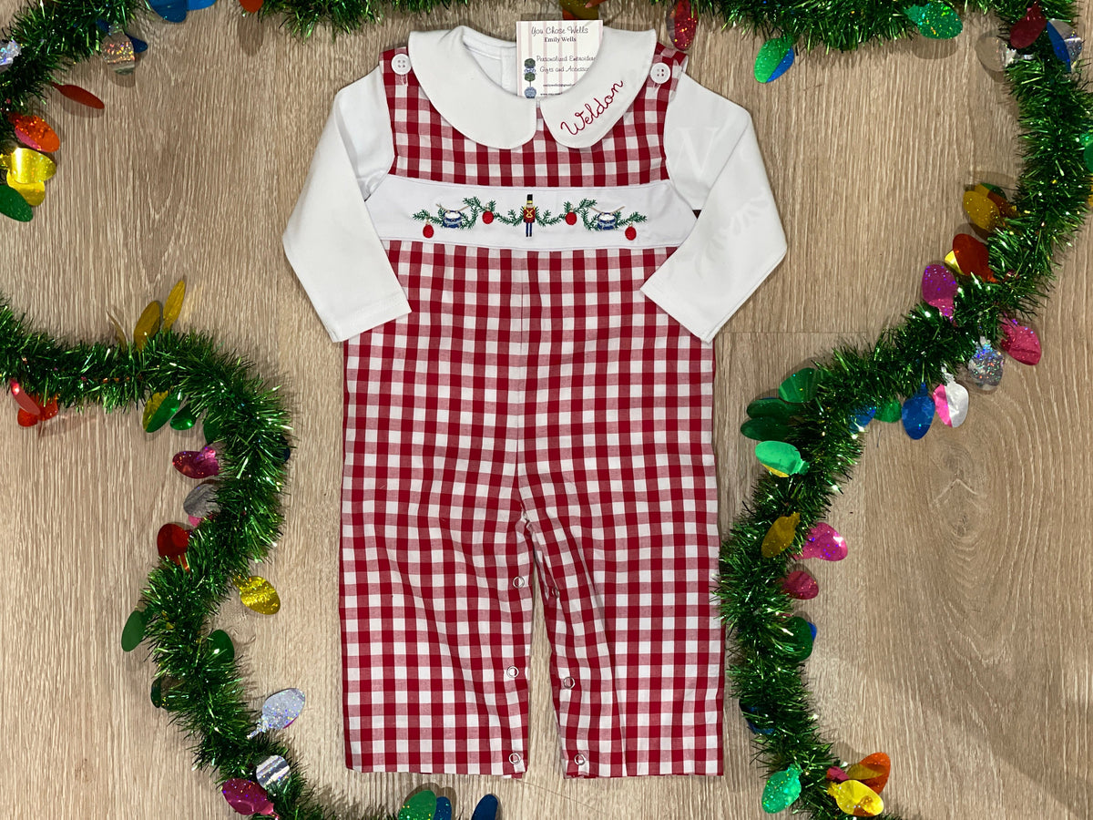 Custom Embroidered Faux Smocked Nutcracker Red Gingham Longall