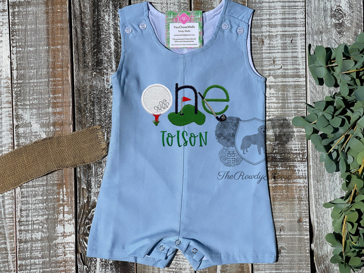 Personalized Boy Birthday Jon Jon Outfit, Custom Birthday Bubble, Baby Birthday Golf Applique Shortall, Baby Boy, Embroidered, Golf Birthday