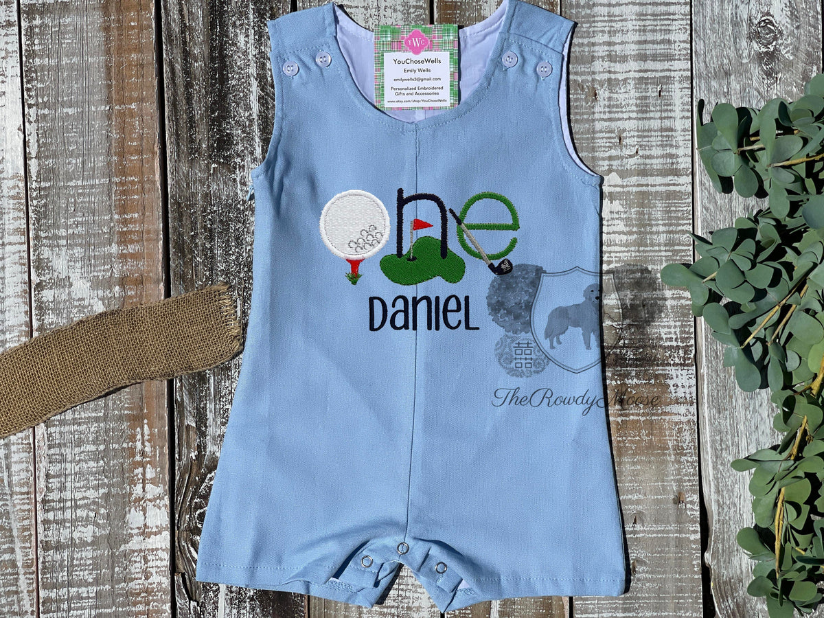 Personalized Boy Birthday Jon Jon Outfit, Custom Birthday Bubble, Baby Birthday Golf Applique Shortall, Baby Boy, Embroidered, Golf Birthday