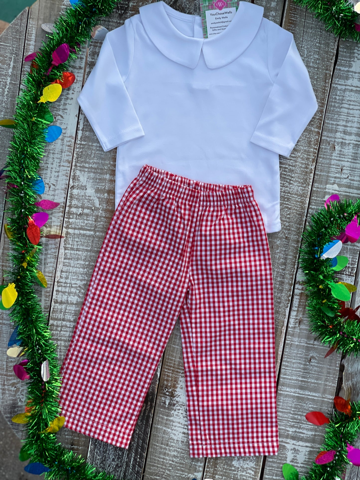 Custom Embroidered, Santa, Tree, Reindeer Trio Applique Red Gingham Jumper Dress, Longall, Shirt, Shirt & Pant Set