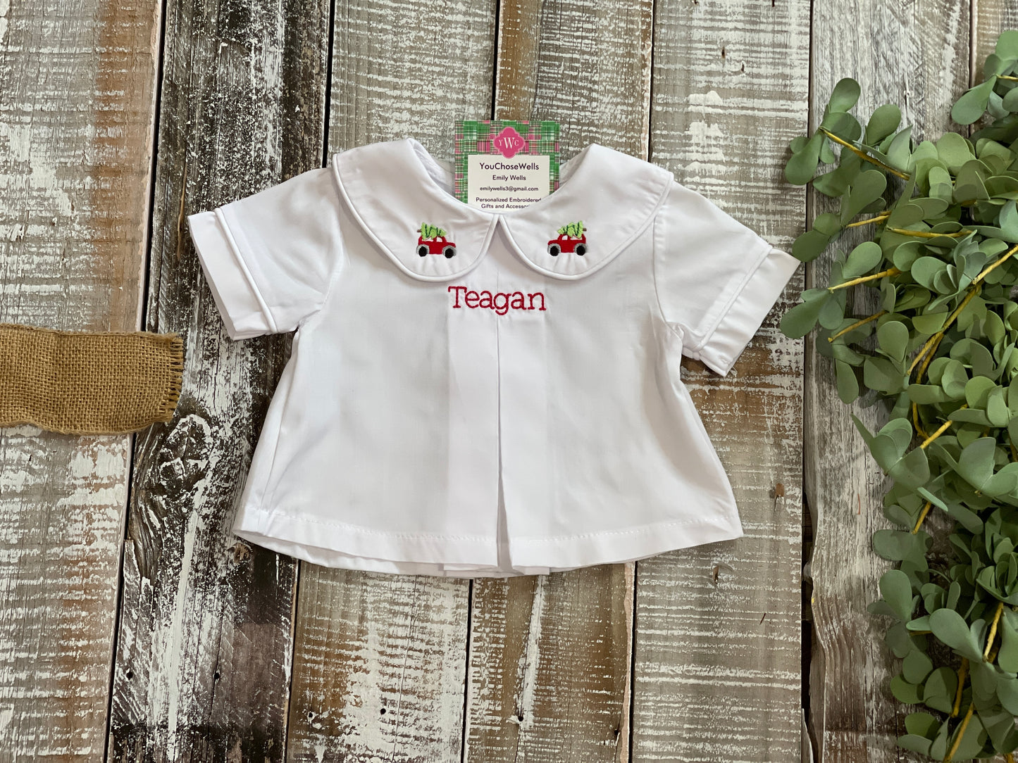 Custom Embroidered, Monogrammed, Personalized Chest, Christmas Mini Pleated Peter Pan Collar Shirt and Diaper Cover Set