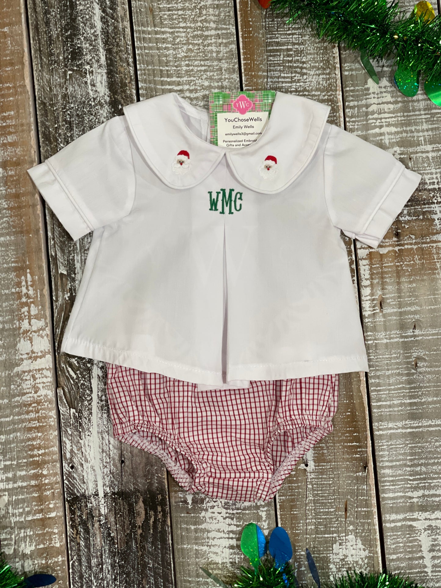 Custom Embroidered, Monogrammed, Personalized Chest, Christmas Mini Pleated Peter Pan Collar Shirt and Diaper Cover Set