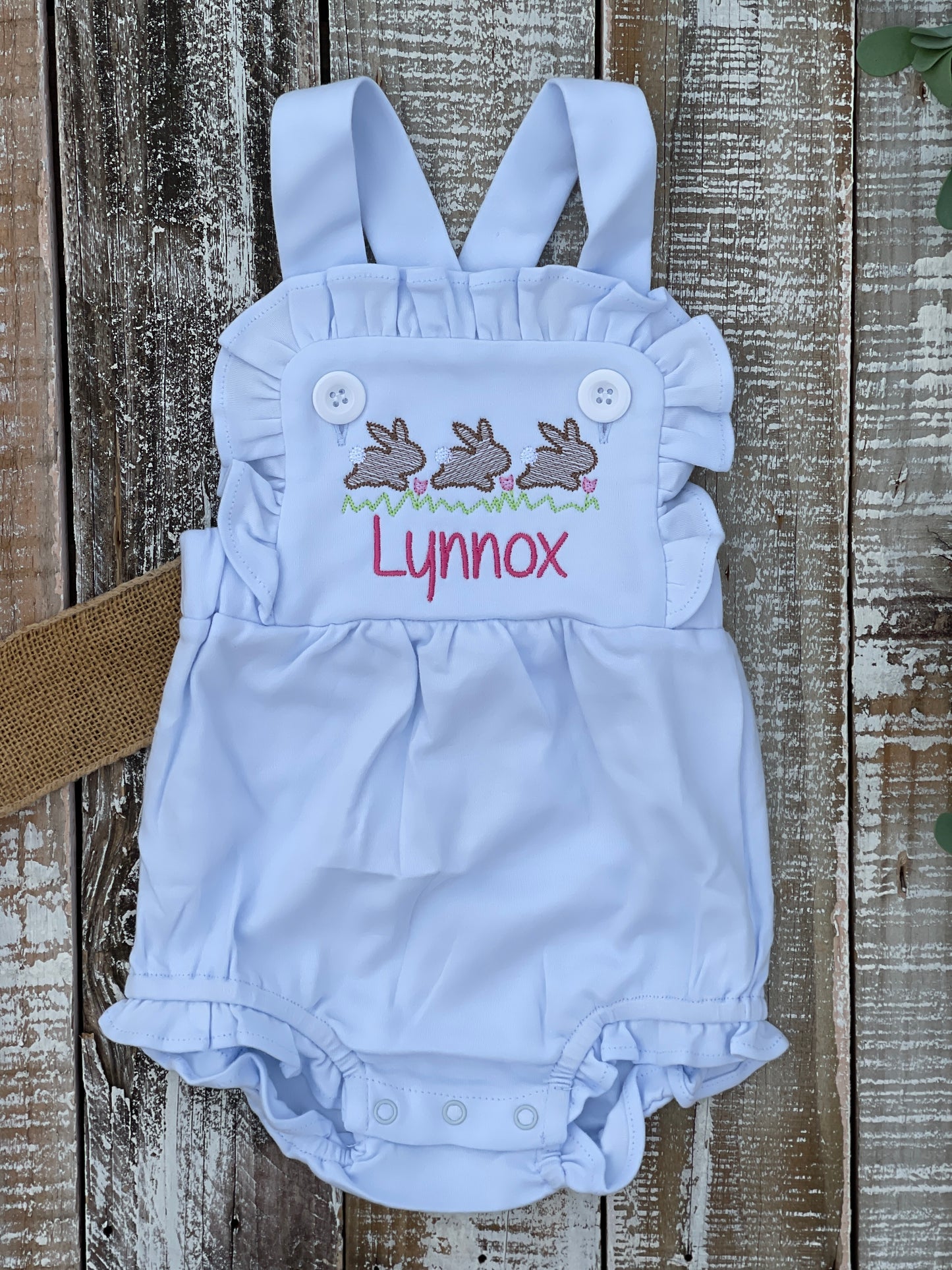 Custom Embroidered, Monogrammed, Personalized Bunny Running Trio Sketch Ruffle Pink, White, or Blue Bubble