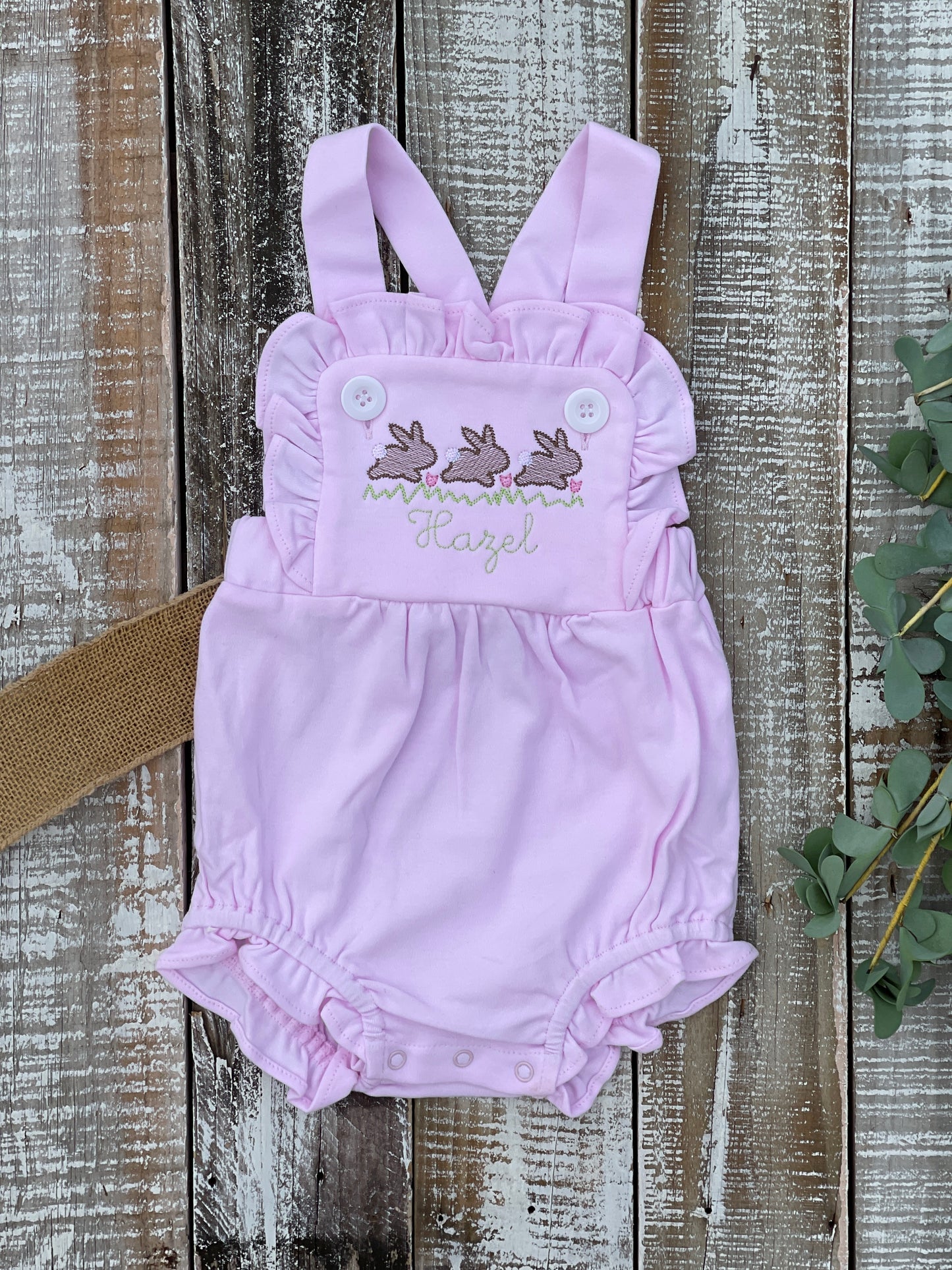 Custom Embroidered, Monogrammed, Personalized Bunny Running Trio Sketch Ruffle Pink, White, or Blue Bubble