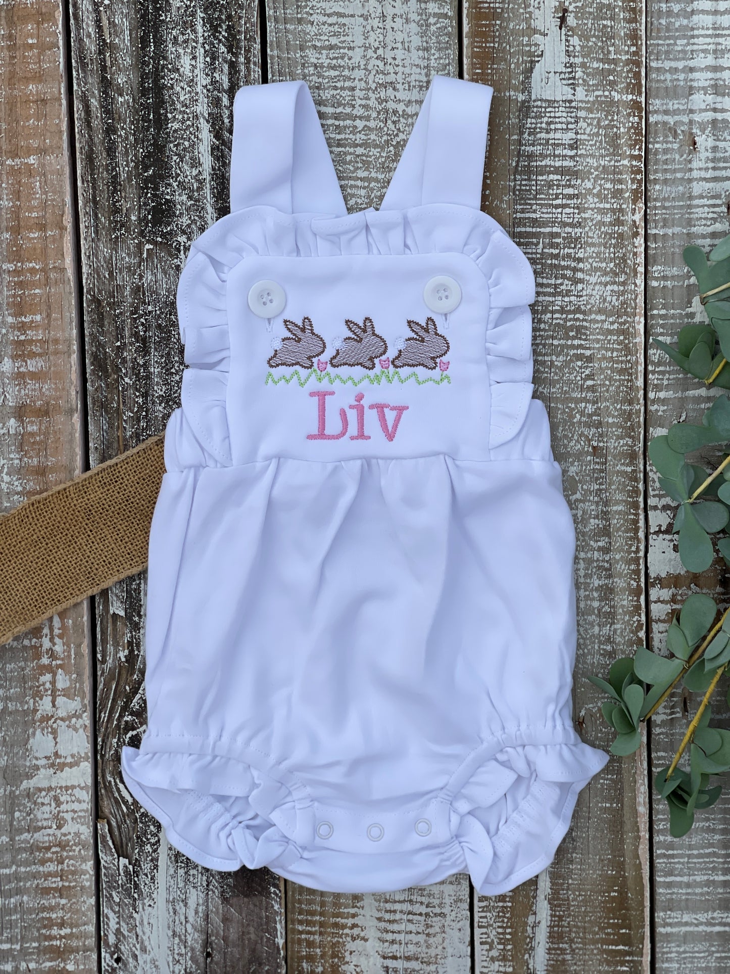 Custom Embroidered, Monogrammed, Personalized Bunny Running Trio Sketch Ruffle Pink, White, or Blue Bubble