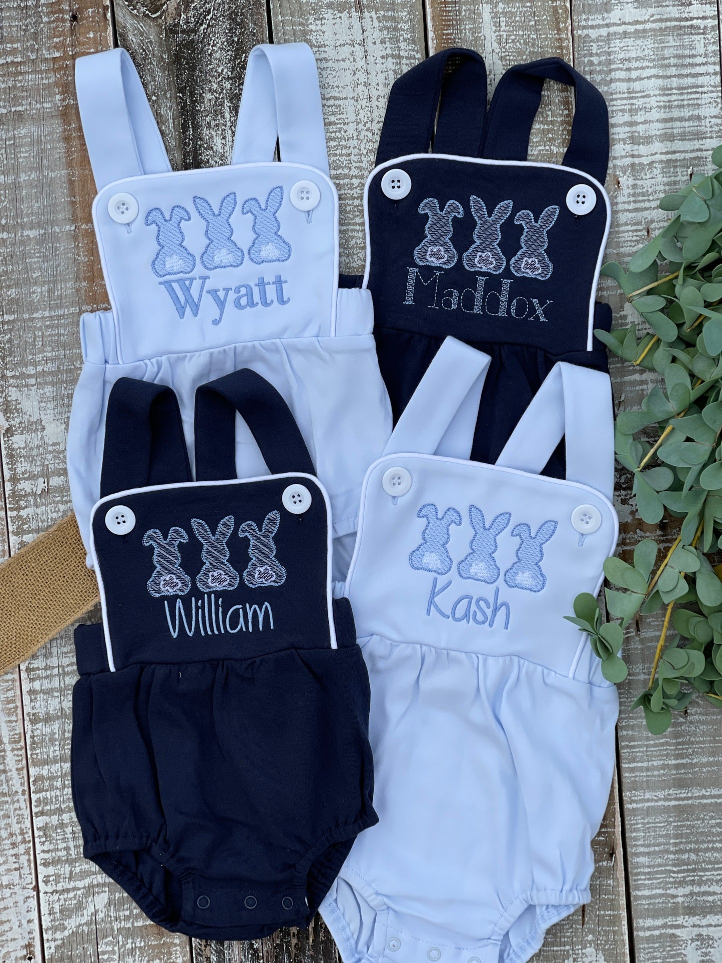 Custom Embroidered, Monogrammed, Personalized Bunny Trio Sketch Navy, White, or Blue Bubble