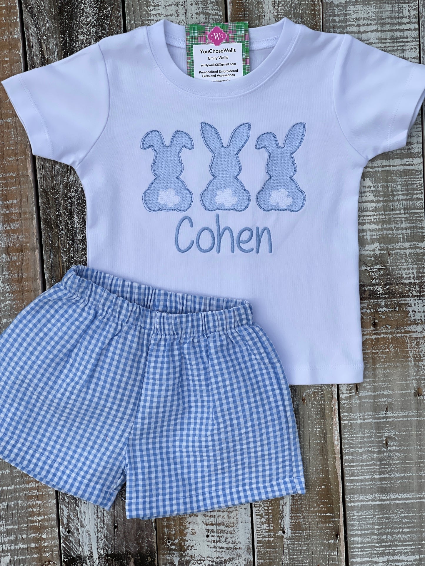 Custom Embroidered, Monogrammed, Personalized Bunny Trio Sketch Shirt and Blue Seersucker Gingham Short Set